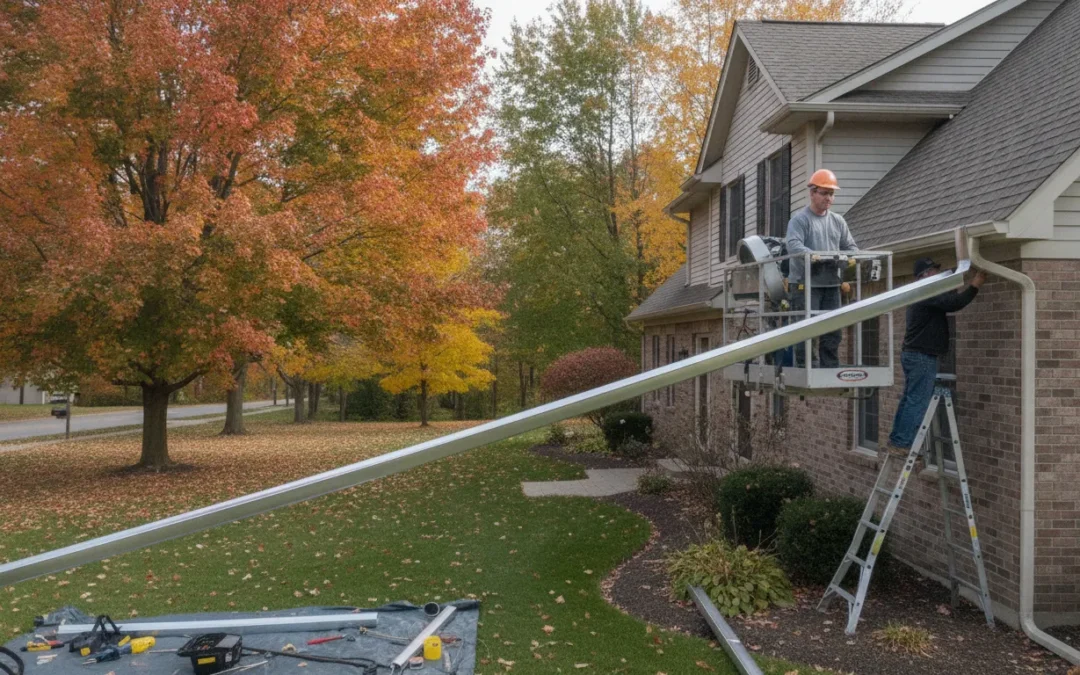 Professional gutter installer fabricating seamless aluminum gutters on-site at a Michigan home exterior