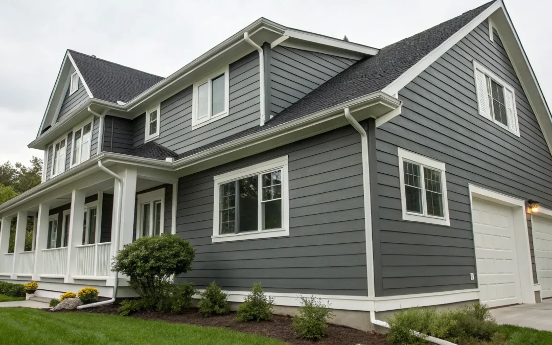 Gray Hardie board siding on a modern home with white trim.