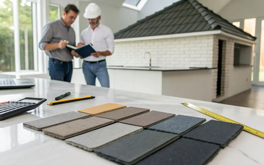 Roofing contractors planning a new roof cost with samples, a calculator, and a tape measure.