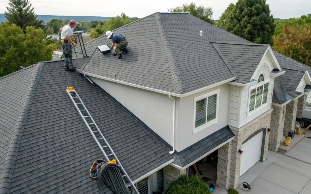 Contractors working on a residential roof repair, a key factor in the final cost.