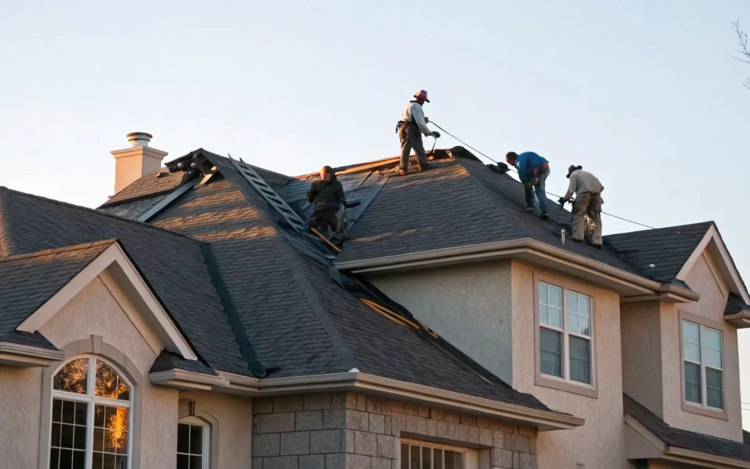 Contractors installing new shingles during a residential roof replacement.