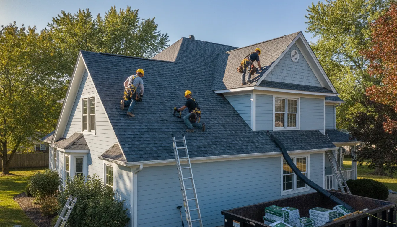 Professional roofing crew installing a new CertainTeed asphalt shingle roof on a Michigan home