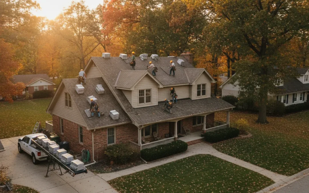Professional roofing crew installing new CertainTeed asphalt shingles on a Michigan home in autumn