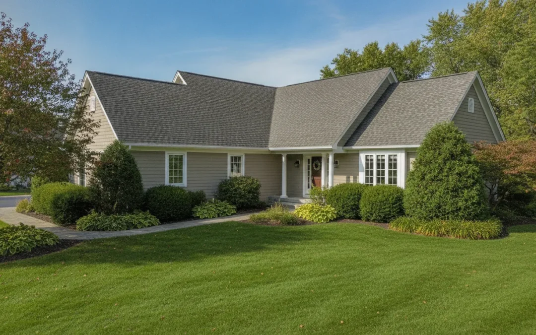 New asphalt shingle roof on a Michigan home under a bright sky
