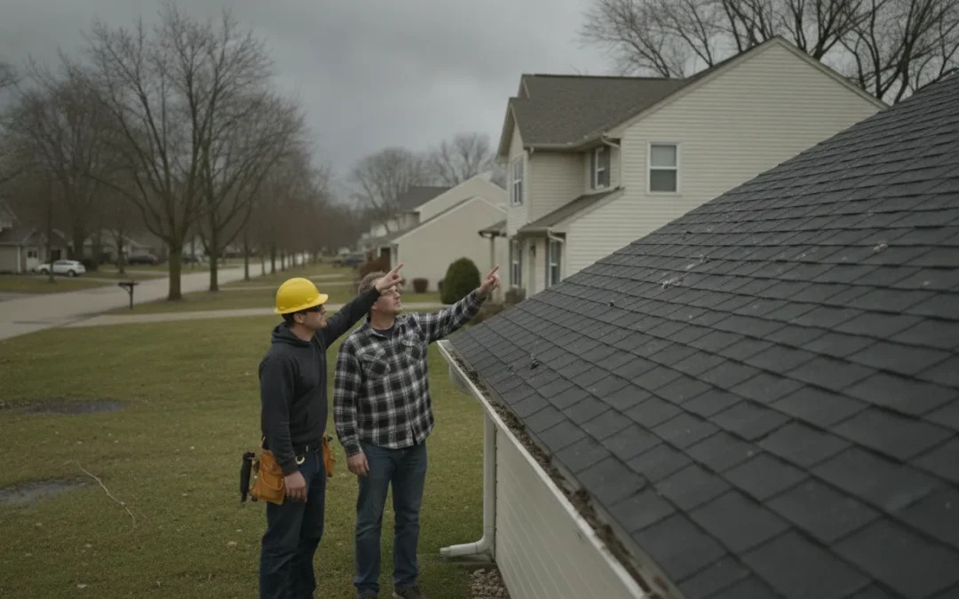 Roofer inspecting asphalt shingles for hail damage on a Michigan home after a storm