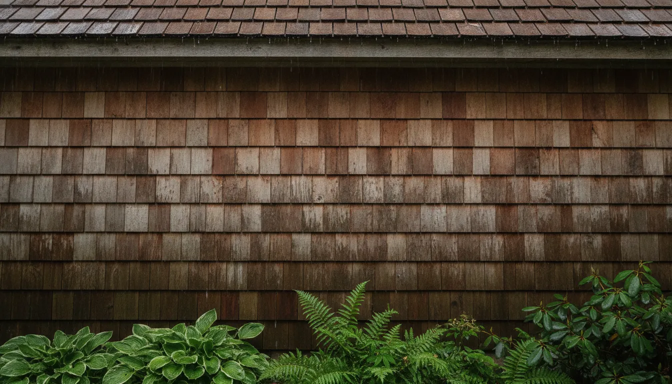 Cedar shake siding on a Michigan home after rain