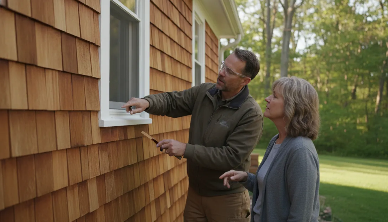 Homeowner inspecting cedar shake siding in Michigan