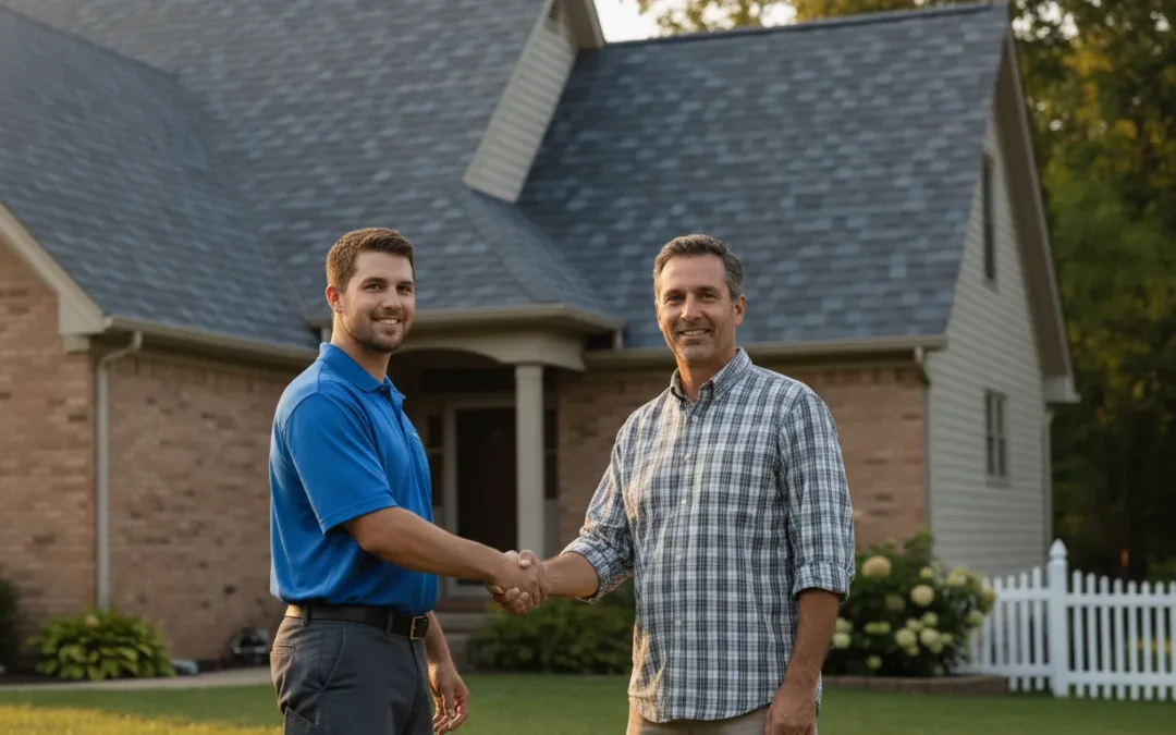 Roofing contractor talking with a Michigan homeowner about financing options