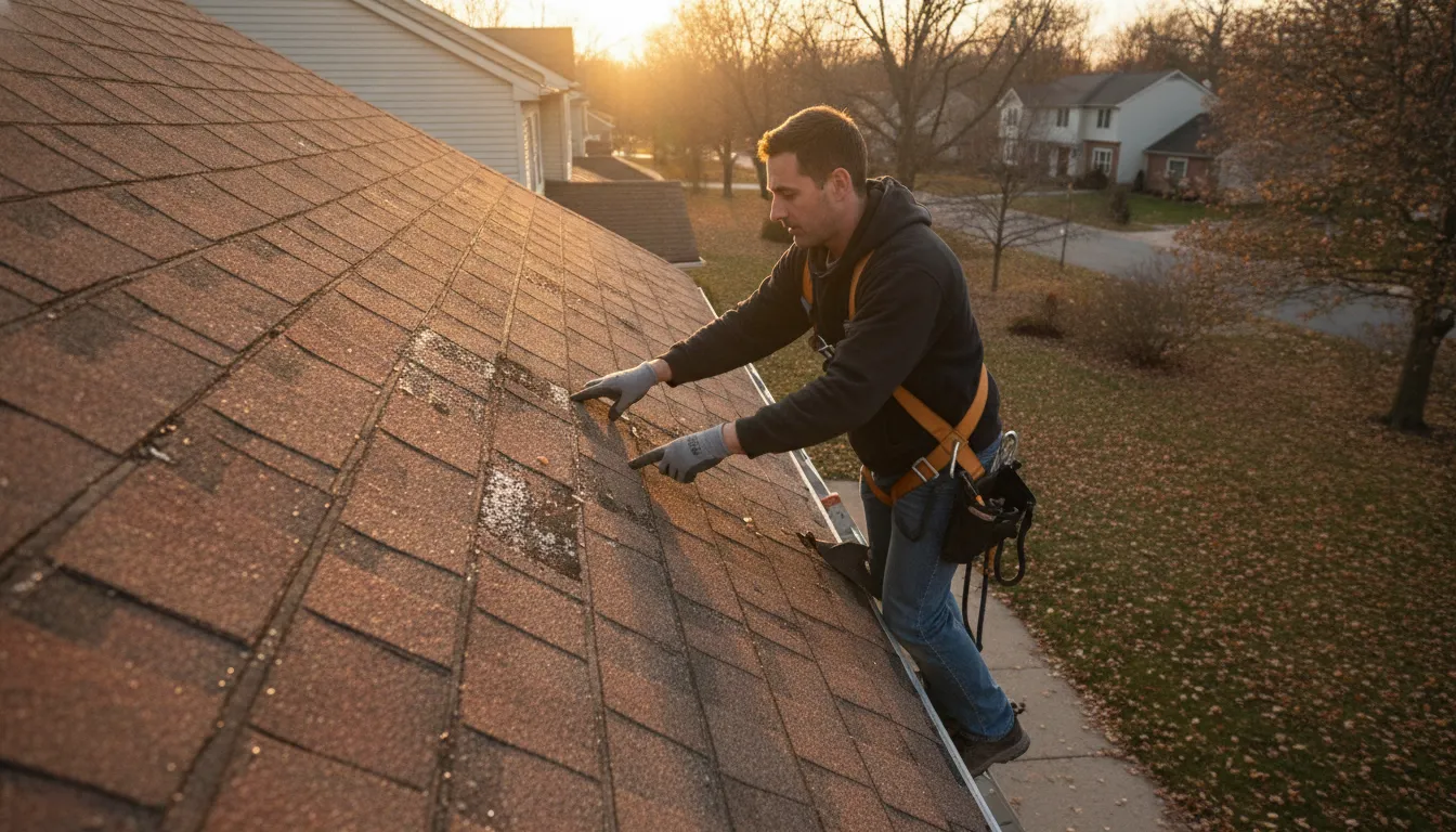 Michigan roofing contractor inspecting a residential roof for signs of storm damage