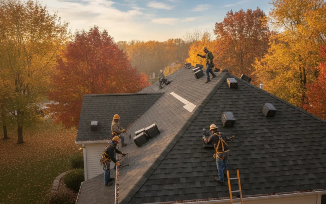 Michigan roofing crew installing new shingles on a home rooftop in crisp autumn light