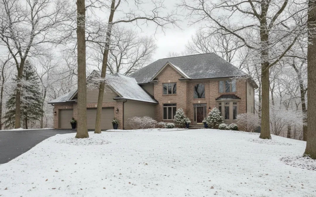 Michigan home with gutter protection along the roofline after a light snowfall
