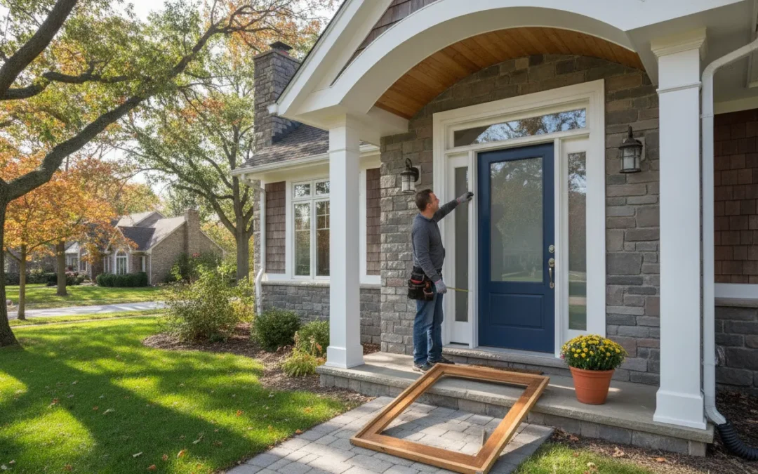 Michigan homeowner reviewing a newly installed fiberglass entry door with an installer