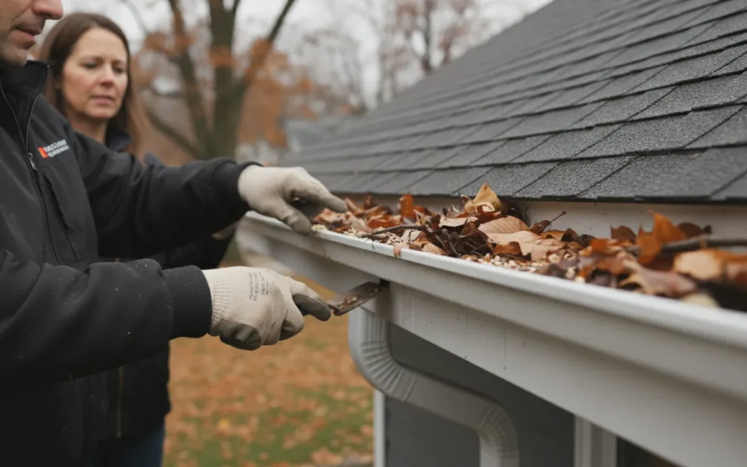 Michigan homeowner and professional examining a residential gutter