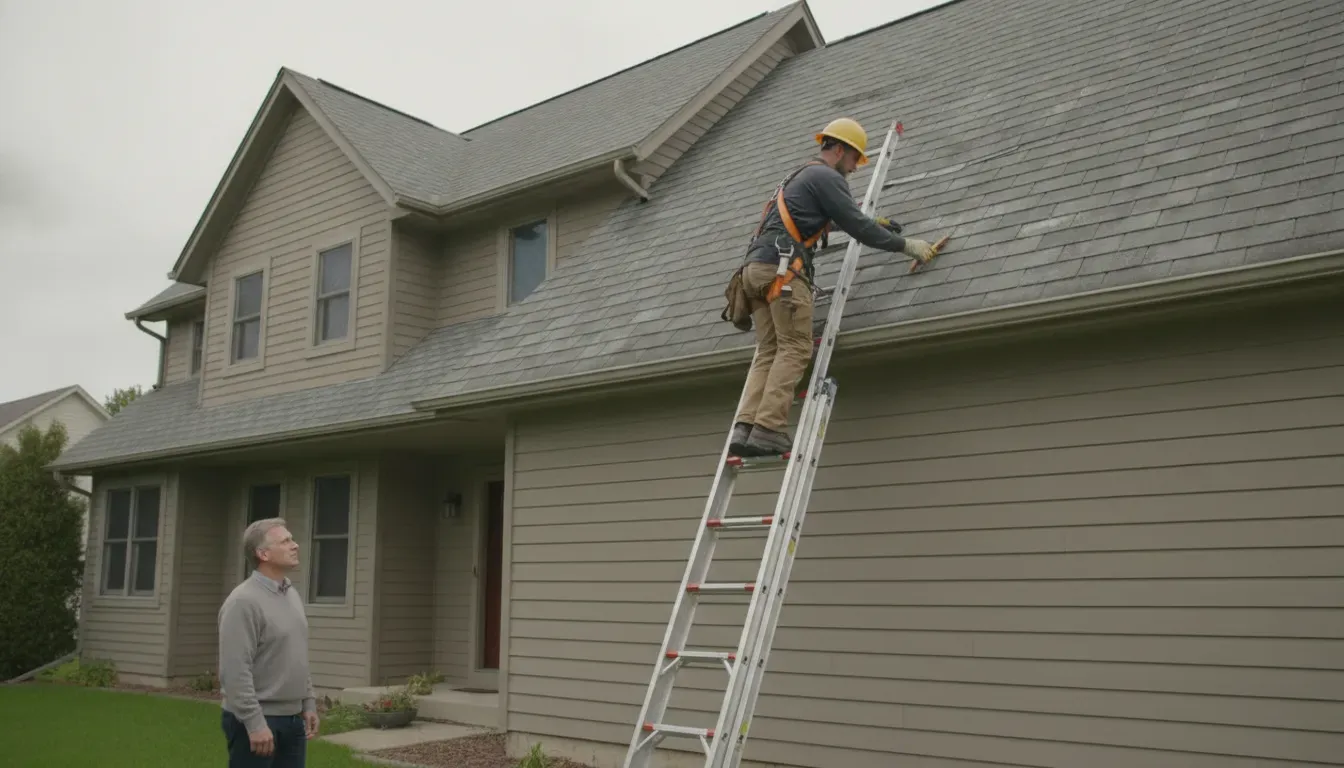 Roofing professional checks shingles and flashing on a Michigan home