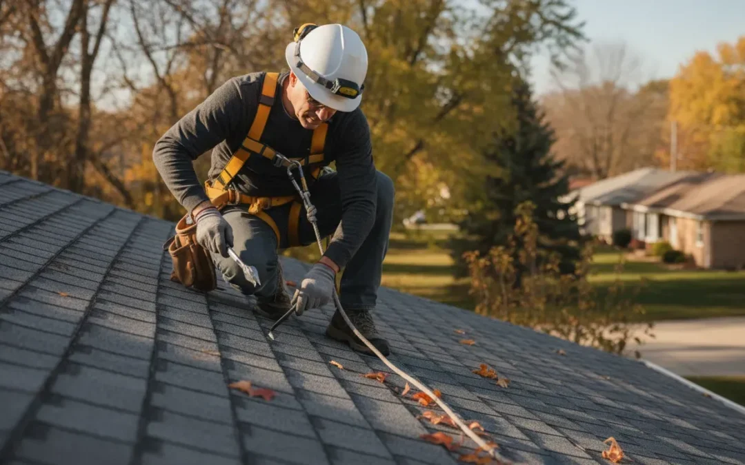 Flushing MI roofers inspect shingles on a Michigan home