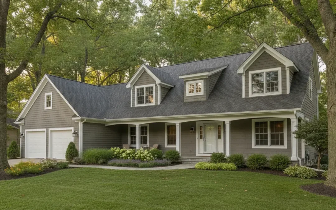 Michigan home with warm gray siding, white trim, and a charcoal roof