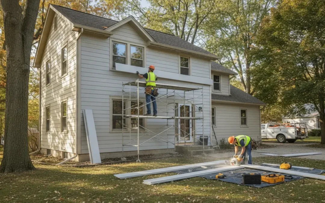 Contractors installing light gray siding on a Michigan home