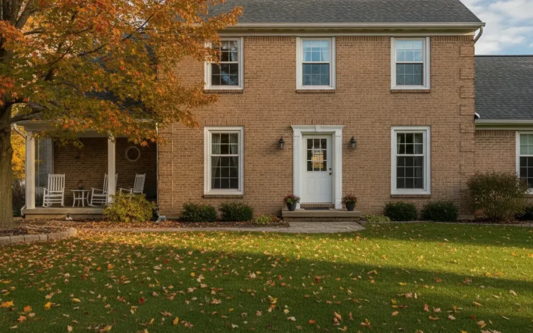 Michigan brick home with classic vertically sliding replacement windows