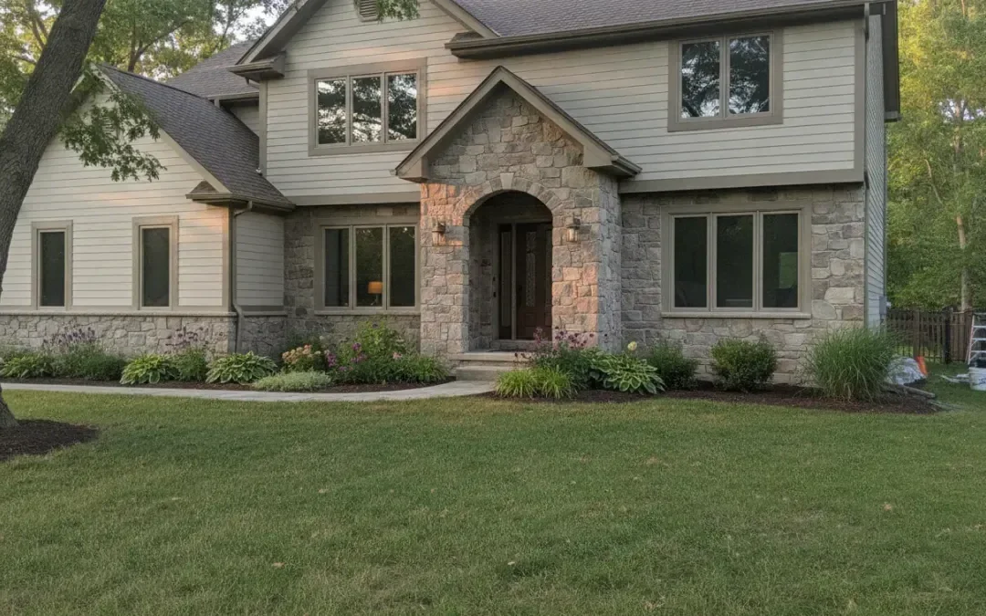 Michigan home with a manufactured stone veneer accent around the front entry