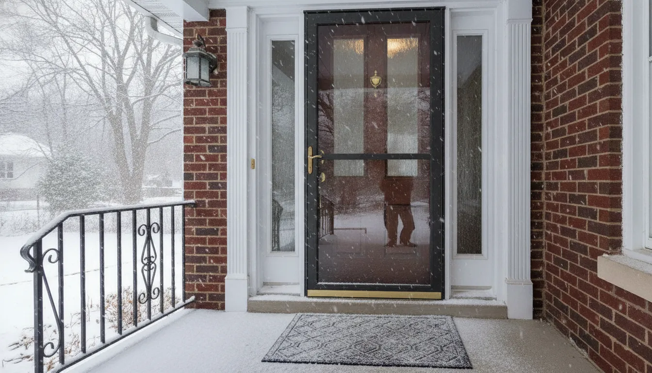 Storm door protecting a Michigan entry during winter snowfall