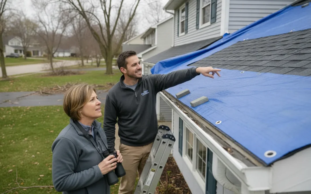 Flushing Michigan homeowner discussing storm roof damage with a roofing professional