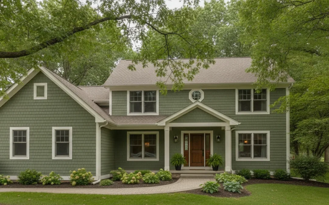 Engineered wood siding on a Michigan home, shown with crisp trim and mature landscaping