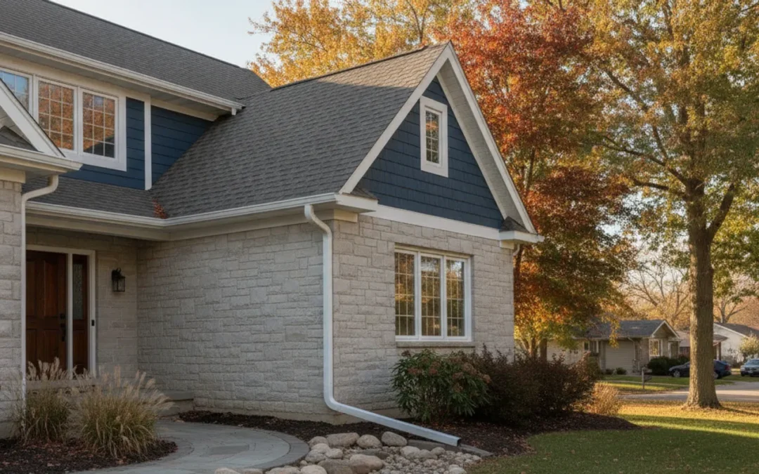 Seamless aluminum gutters fitted along the roofline of a Michigan home