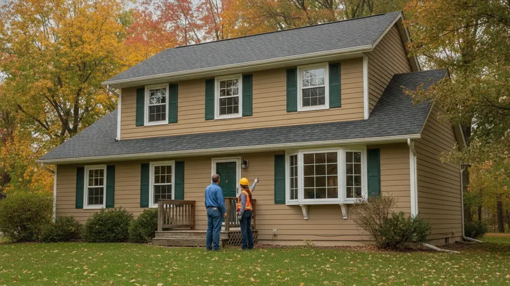 Michigan homeowner reviewing a home's roof, siding, windows, and entry with an exterior renovation professional