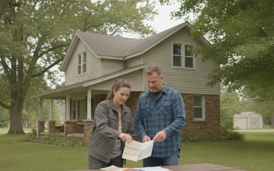 Michigan homeowner reviewing siding samples and a written project estimate with a contractor outside a home