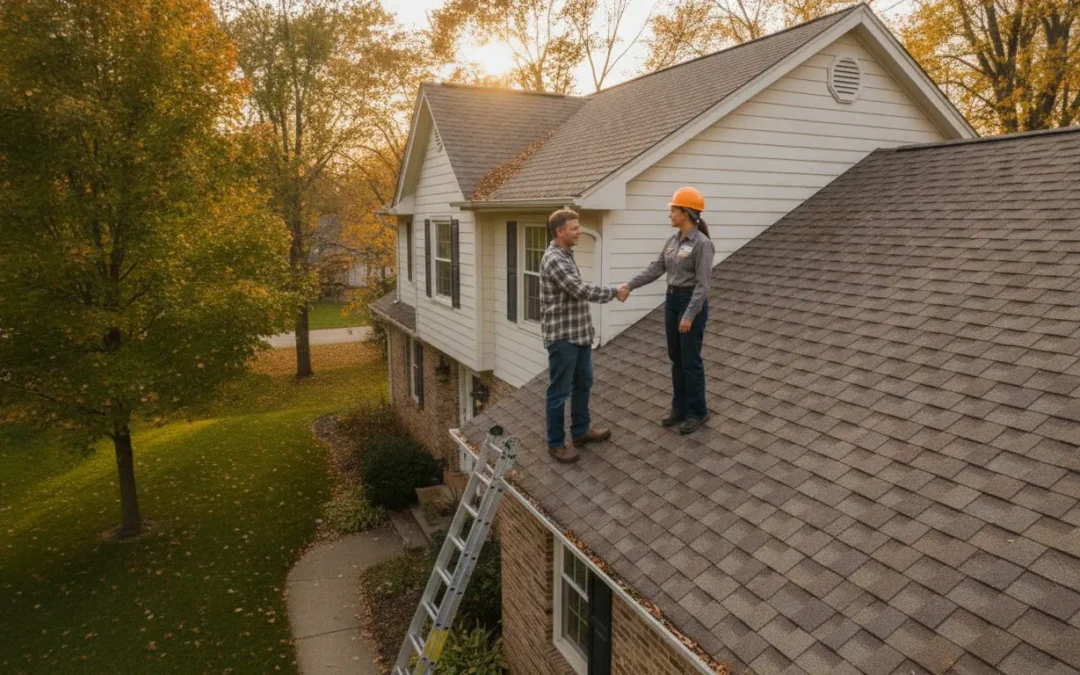 Saginaw homeowner meeting with a roofing contractor beside a Michigan home